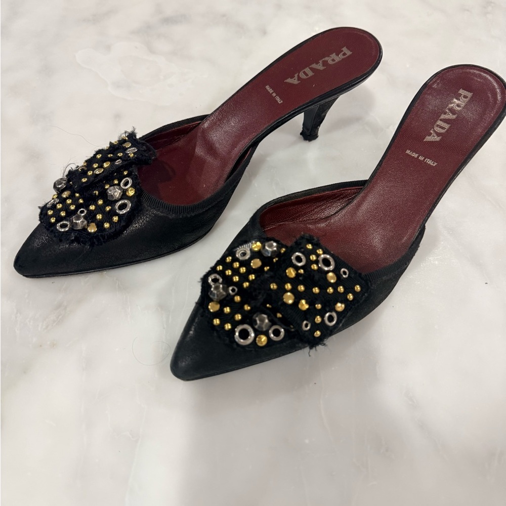 Vintage Prada Black Embellished Kitten Heel Mules